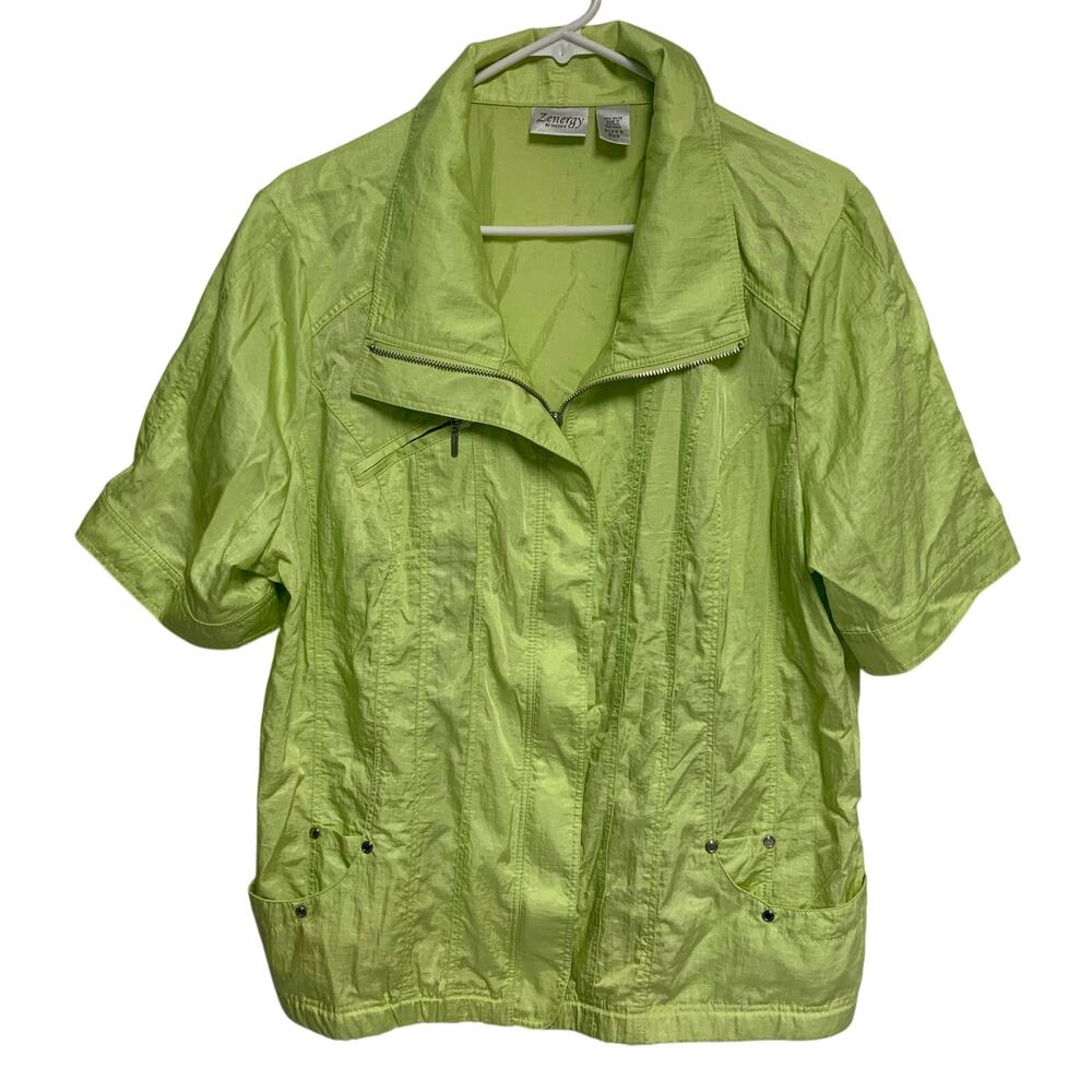 Zenergy by Chicos Vintage Lime Green Nylon Zip Up Short Sleeve Top Size 3 Reg